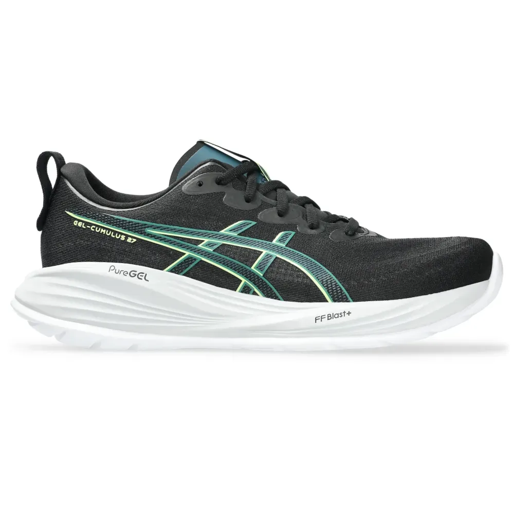 Tênis de corrida masculino Asics Gel-Cumulus 27 amarelo com detalhes em preto e solado branco